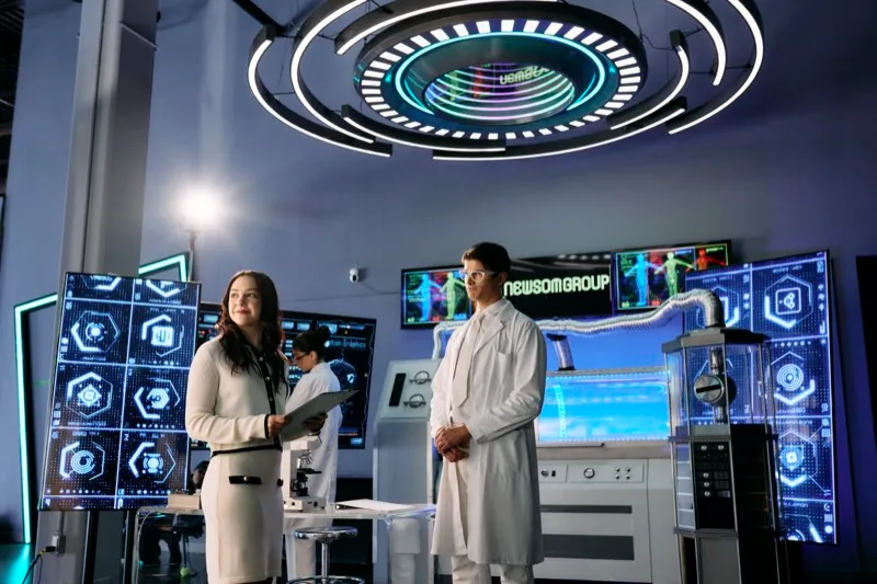 Unit still of a woman in a white suit and a man in a lab coat on a futuristic set with screens and a circular ceiling light.
