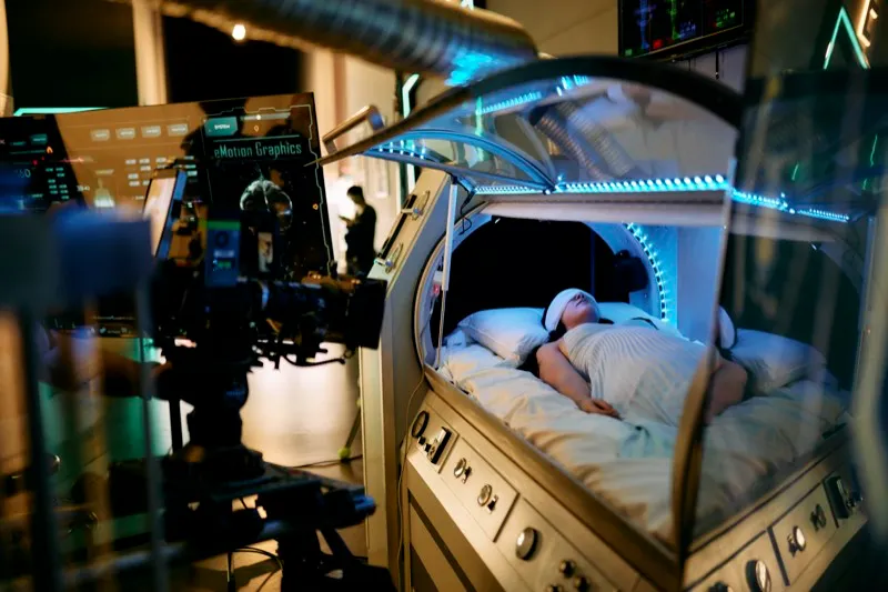 An actress lies in an open sleep pod on a science-fiction set lit with blue light, cameras in the foreground.