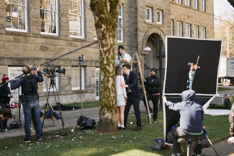 Camera rig and dolly track laid out on a production set.