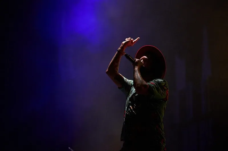 A singer in a wide-brimmed hat with his hands raised in purple haze.