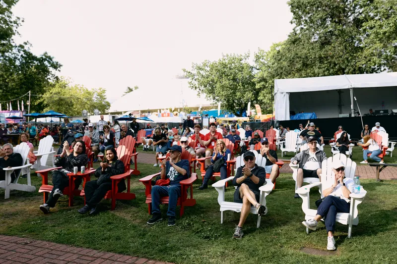 The audience settles into lawn chairs on the grass in front of the stage, a few phones already up.