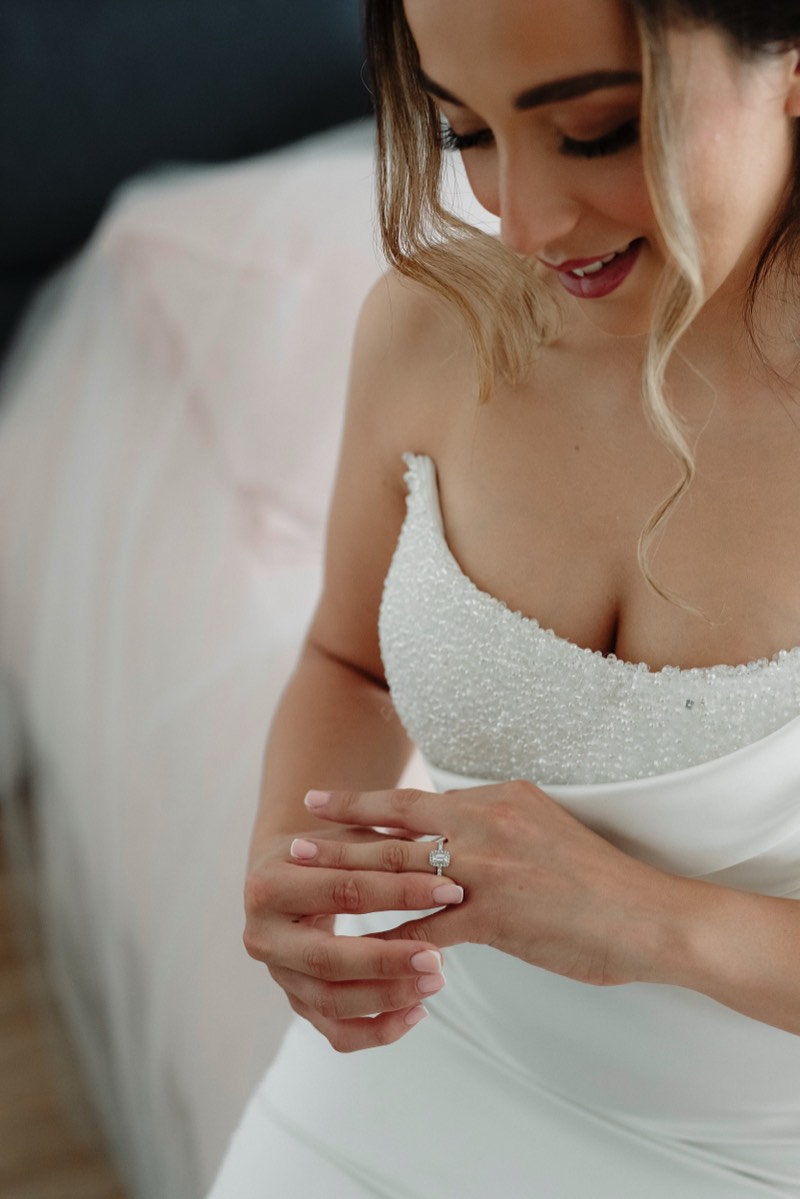 Bride and groom together at a formal chateau venue.